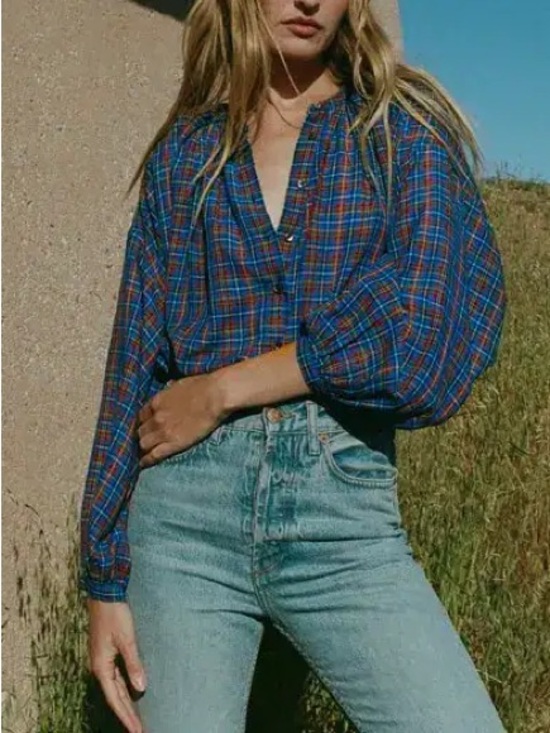 Doen Tops - Dôen Jane Blouse in Azure French Plaid